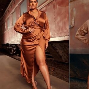 Brown Fashion nova satin maxi shirt dress